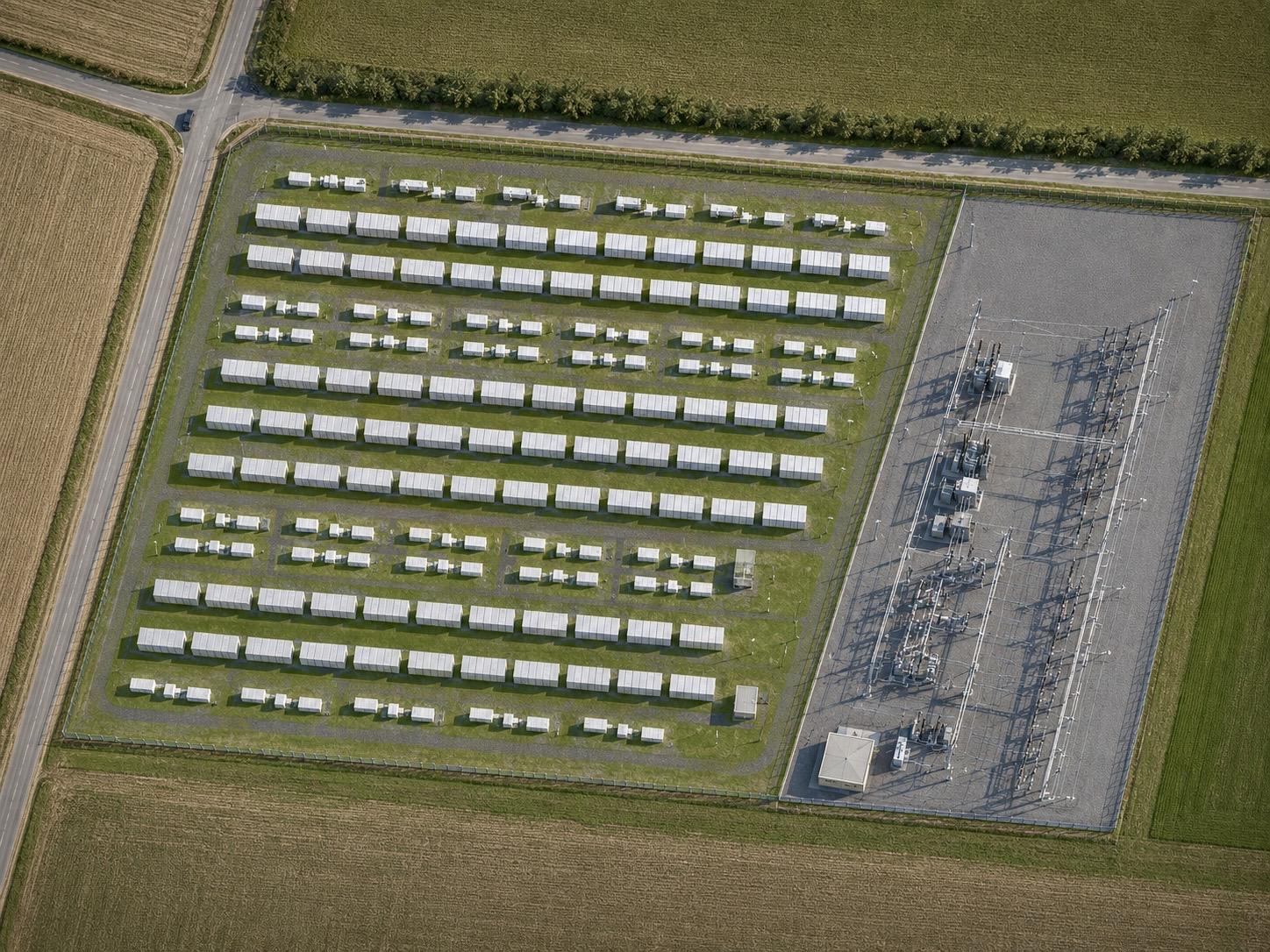 Aerial view of the battery storage site and substation in Mecklenburg-Vorpommern